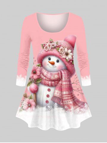 Plus Size Christmas Ball Snowman Flowers Snowflake Colorblock Print T-shirt - LIGHT PINK - L