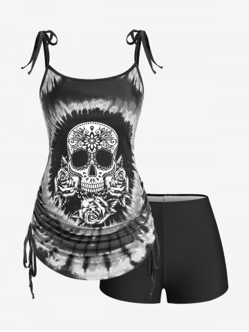 Plus Size Skull Rose Tie Dye Print Cinched Ruched Tie Boyshorts Tankini Swimsuit - DARK GRAY - L | US 12