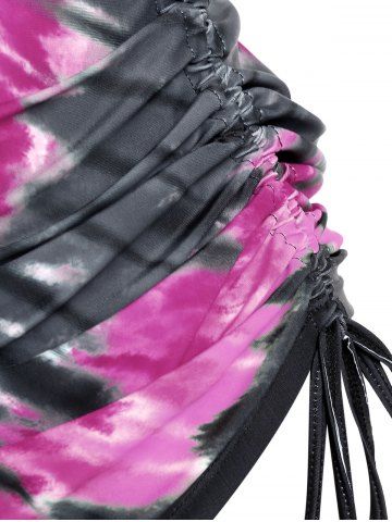 Plus Size Skull Rose Tie Dye Print Cinched Ruched Tie Boyshorts Tankini Swimsuit