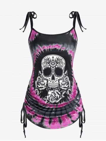 Plus Size Skull Rose Tie Dye Print Cinched Ruched Tie Boyshorts Tankini Swimsuit
