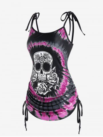 Plus Size Skull Rose Tie Dye Print Cinched Ruched Tie Boyshorts Tankini Swimsuit
