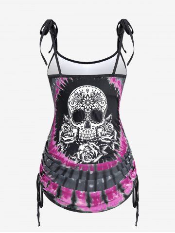 Plus Size Skull Rose Tie Dye Print Cinched Ruched Tie Boyshorts Tankini Swimsuit