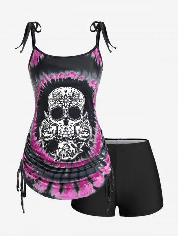 Plus Size Skull Rose Tie Dye Print Cinched Ruched Tie Boyshorts Tankini Swimsuit - DEEP RED - 4X | US 26-28