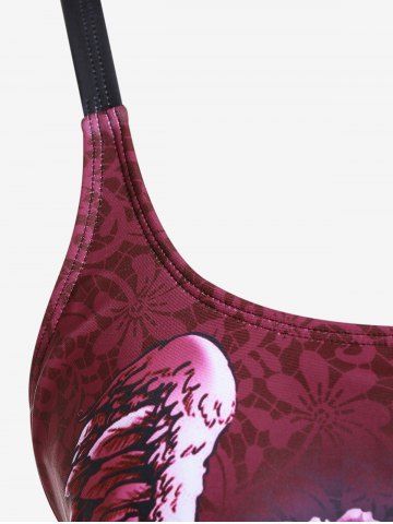Plus Size Skull Rose Wing Print Cinched Boyshorts Tankini Swimsuit