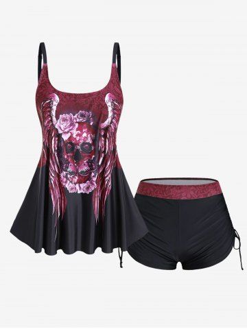 Plus Size Skull Rose Wing Print Cinched Boyshorts Tankini Swimsuit