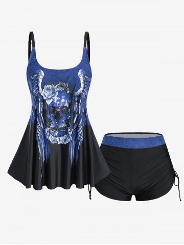 Plus Size Skull Rose Wing Print Cinched Boyshorts Tankini Swimsuit - DEEP BLUE - 2X | US 18-20