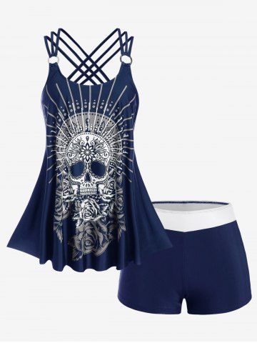 Plus Size Modest Skull Rose Print Rings Crisscross Boyshorts Tankini Swimsuit - DEEP BLUE - 1X | US 14-16