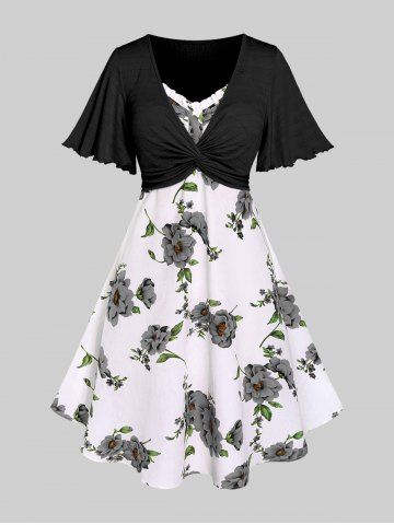 Plus Size Twisted Plunging Crop Top and 3D Flower Print Spaghetti Strap Cottagecore Dress - GRAY - L | US 12