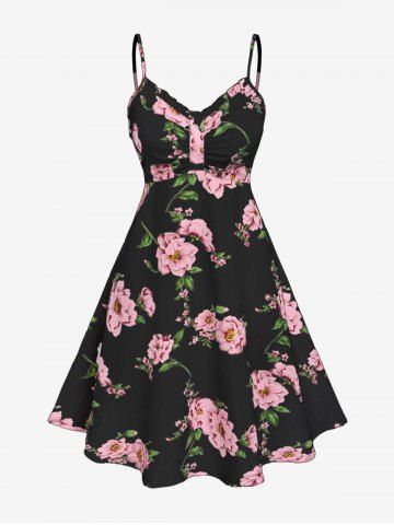 Plus Size Twisted Plunging Crop Top and 3D Flower Print Spaghetti Strap Cottagecore Dress