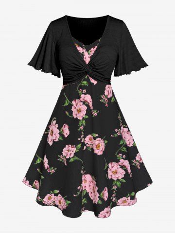 Plus Size Twisted Plunging Crop Top and 3D Flower Print Spaghetti Strap Cottagecore Dress - BLACK - M