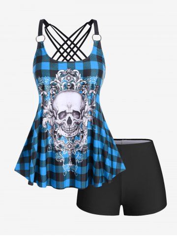 Gothic Skull Plaid Padded Boyleg Strappy Modest Tankini Swimsuit - BLUE - 4X | US 26-28