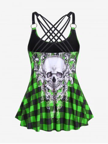 Gothic Skull Plaid Padded Boyleg Strappy Modest Tankini Swimsuit