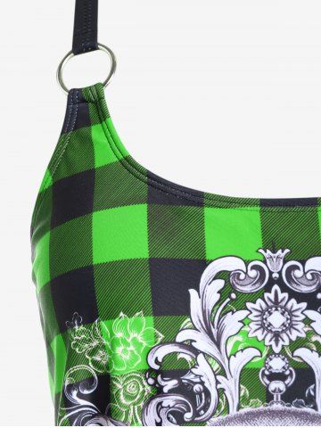 Gothic Skull Plaid Padded Boyleg Strappy Modest Tankini Swimsuit