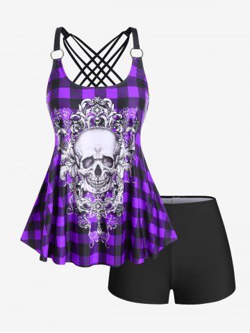 Gothic Skull Plaid Padded Boyleg Strappy Modest Tankini Swimsuit - CONCORD - 3X | US 22-24