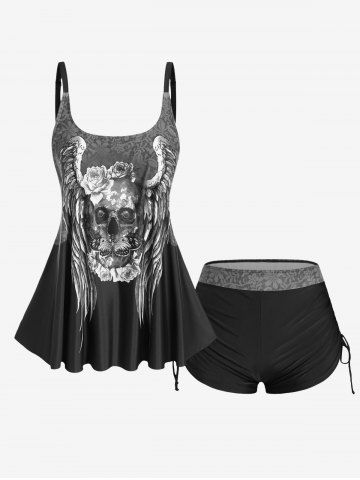 Plus Size Skull Rose Wing Print Cinched Boyshorts Tankini Swimsuit - GRAY - 4X | US 26-28