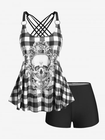 Gothic Skull Plaid Padded Boyleg Strappy Modest Tankini Swimsuit - BLACK - L | US 12
