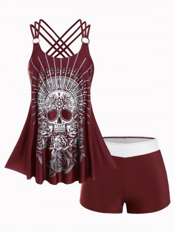 Plus Size Modest Skull Rose Print Rings Crisscross Boyshorts Tankini Swimsuit - DEEP RED - 2X | US 18-20