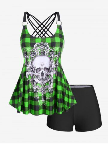 Gothic Skull Plaid Padded Boyleg Strappy Modest Tankini Swimsuit - GREEN - L | US 12