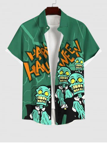 Halloween Skull Zombies Letters Print Button Pocket Shirt For Men - GREEN - 4XL