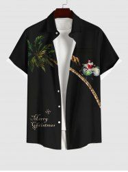 Plus Size Christmas Sled Elk Santa Claus Coconut Tree Print Buttons Pocket Shirt For Men -  
