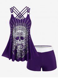 Plus Size Modest Skull Rose Print Rings Crisscross Boyshorts Tankini Swimsuit -  