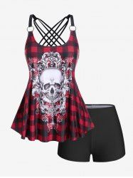 Gothic Skull Plaid Padded Boyleg Strappy Modest Tankini Swimsuit -  