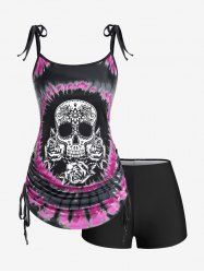 Plus Size Skull Rose Tie Dye Print Cinched Ruched Tie Boyshorts Tankini Swimsuit -  