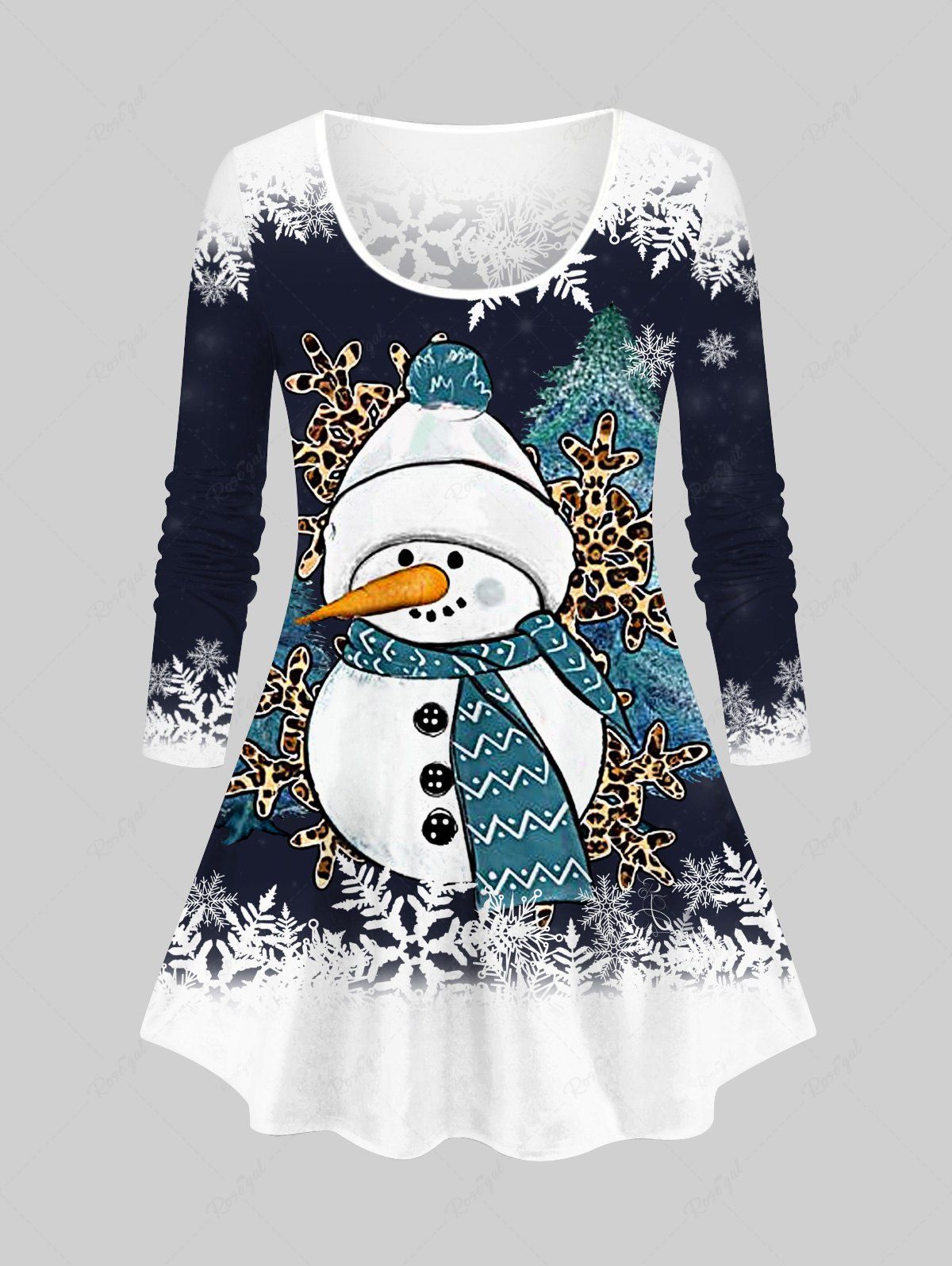 Store Plus Size Christmas Tree Snowman Snowflake Colorblock Print T-shirt  
