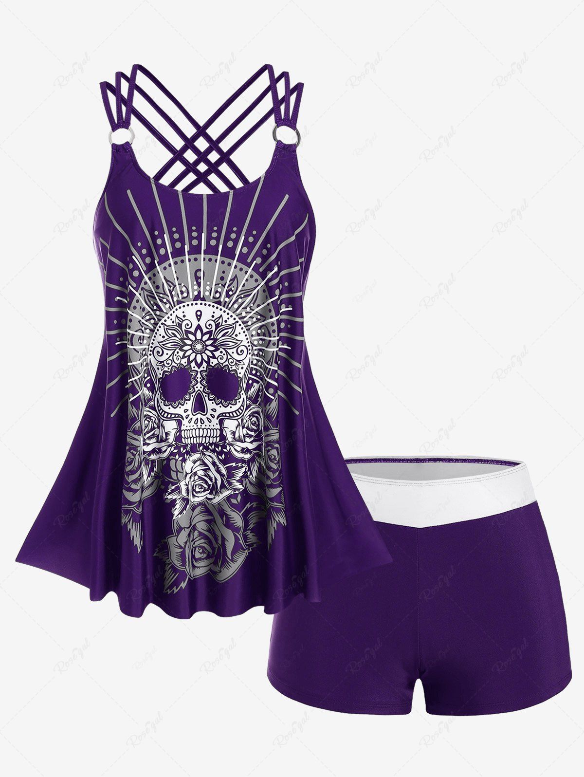 Shops Plus Size Modest Skull Rose Print Rings Crisscross Boyshorts Tankini Swimsuit  