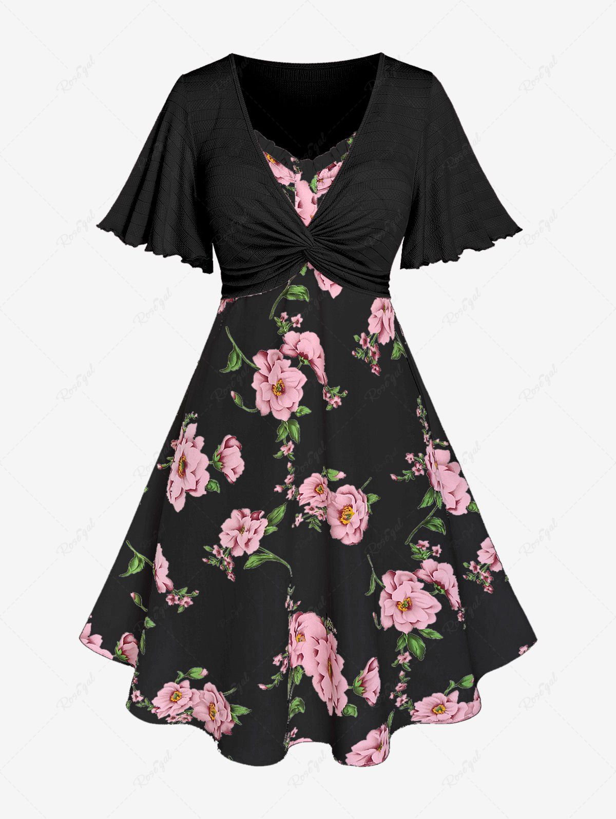 Best Plus Size Twisted Plunging Crop Top and 3D Flower Print Spaghetti Strap Cottagecore Dress  