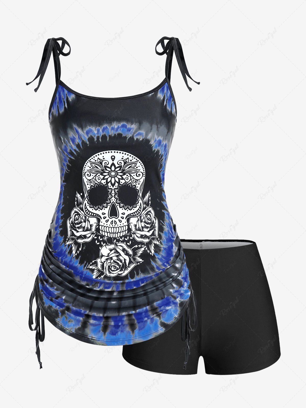Outfit Plus Size Skull Rose Tie Dye Print Cinched Ruched Tie Boyshorts Tankini Swimsuit  