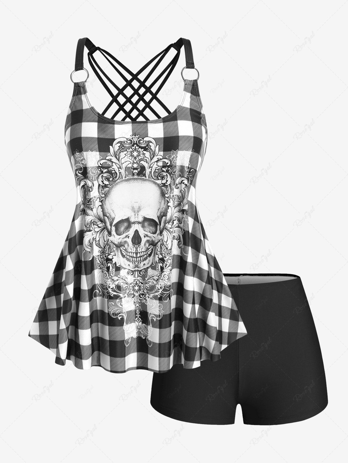 Fancy Gothic Skull Plaid Padded Boyleg Strappy Modest Tankini Swimsuit  