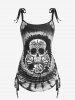 Plus Size Skull Rose Tie Dye Print Cinched Ruched Tie Boyshorts Tankini Swimsuit -  