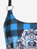 Maillot de bain tankini modeste rembourré à bretelles et motif crâne gothique à carreaux - Bleu 3X | US 22-24