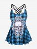 Maillot de bain tankini modeste rembourré à bretelles et motif crâne gothique à carreaux - Bleu 3X | US 22-24