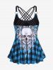 Maillot de bain tankini modeste rembourré à bretelles et motif crâne gothique à carreaux - Bleu 3X | US 22-24