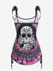 Plus Size Skull Rose Tie Dye Print Cinched Ruched Tie Boyshorts Tankini Swimsuit -  