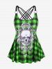 Gothic Skull Plaid Padded Boyleg Strappy Modest Tankini Swimsuit -  