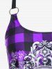 Gothic Skull Plaid Padded Boyleg Strappy Modest Tankini Swimsuit -  