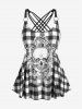 Gothic Skull Plaid Padded Boyleg Strappy Modest Tankini Swimsuit -  