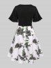 Plus Size Twisted Plunging Crop Top and 3D Flower Print Spaghetti Strap Cottagecore Dress -  