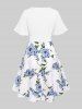 Haut Court Plongeant Tordu et Robe à Bretelle Fine Fleur Imprimée de Grande Taille - Bleu 4X | US 26-28