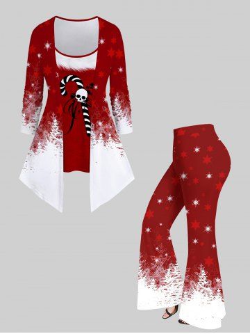 Christmas Tree Snowflake Candy Cane Skull Star Print Asymmetric 2 in 1 T-shirt and Flare Pants Plus Size Matching Set