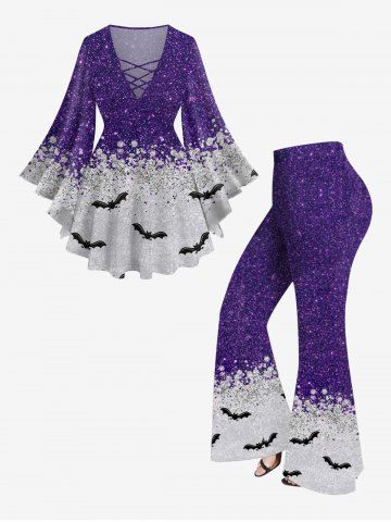 Halloween Costume Glitter Sparkling Galaxy Sequins Bat Print Lattice T-shirt and Flare Pants Plus Size Matching Set - PURPLE