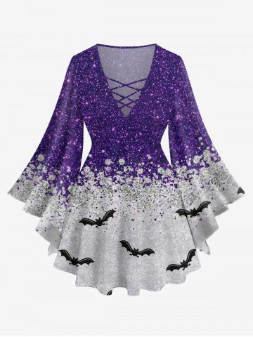 Plus Size Flare Sleeves Glitter Sparkling Galaxy Sequins Bat Print Halloween Lattice T-shirt - PURPLE - XS