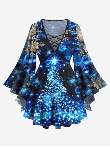 Plus Size Christmas Tree Ball Snowflake Glitter Light Beam 3D Print Lattice Crisscross Flare Sleeve T-shirt - MULTI-A - L