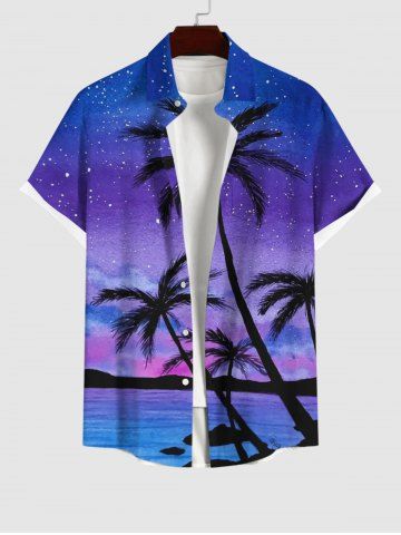 Plus Size Coconut Tree Star Sky Galaxy Sea Print Buttons Pocket Hawaii Shirt For Men - PURPLE - S