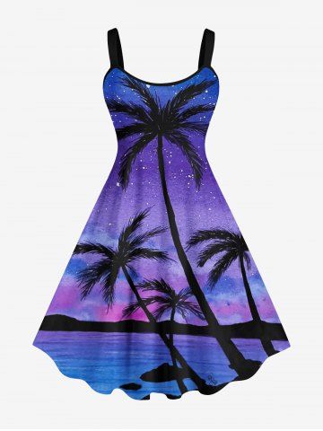 Plus Size Coconut Tree Star Sky Galaxy Sea Print Hawaii Tank Dress - PURPLE - XS