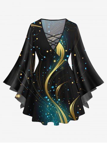 Plus Size Glitter Galaxy Light Beam Curve Print Flare Sleeves Lattice T-shirt - BLACK - 1X