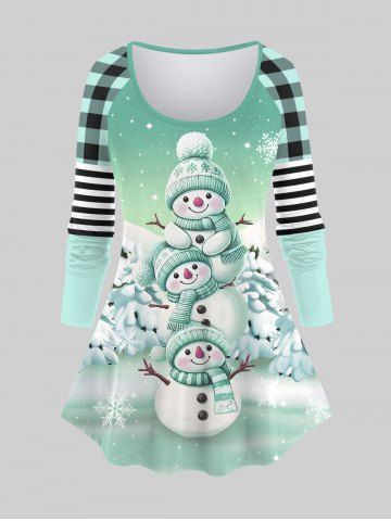 T-shirt Grande Taille à Manches Raglan à Carreaux Imprimé Bonhomme de Neige et Rayures - LIGHT GREEN - XS